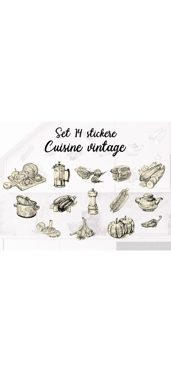 Set 14 stickere bucătărie Cuisine vintage, Folina, autoadezive