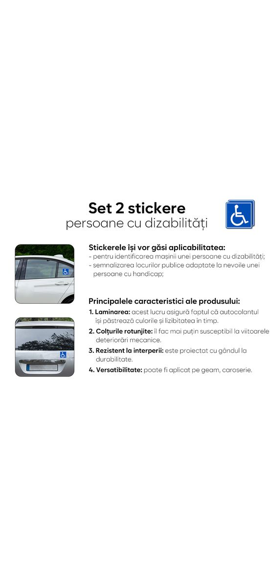 Set 2 stickere auto, persoană cu dizabilități, Folina, 10x10 cm, racletă de aplicare inclusă