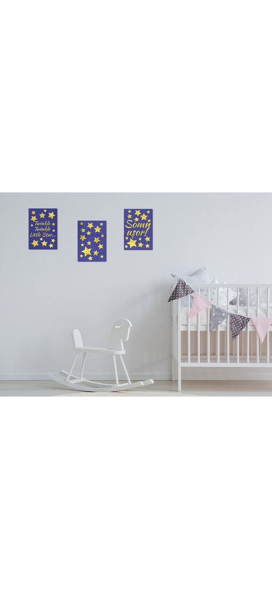Set 3 tablouri Somn uşor, albastre cu detalii aurii, pentru cameră copii
