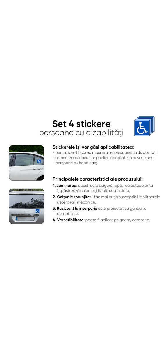 Set 4 stickere auto, persoană cu dizabilități, Folina, 10x10 cm, racletă de aplicare inclusă