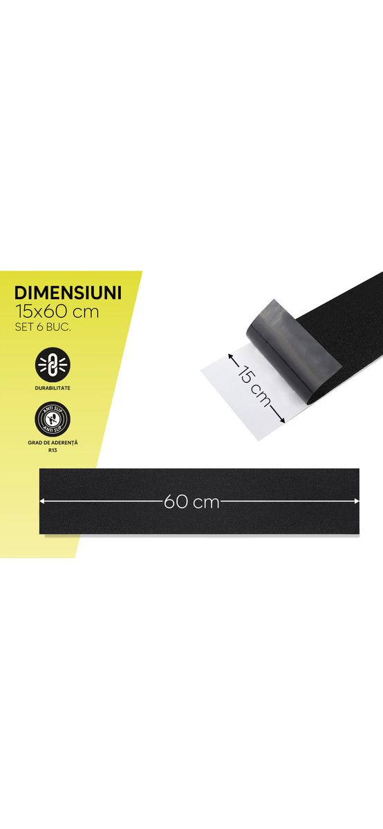 Set 6 benzi antiderapante pentru scări și podele, autoadezive cu granulație grosieră, culoare neagră, roller silicon inclus, 15x60 cm
