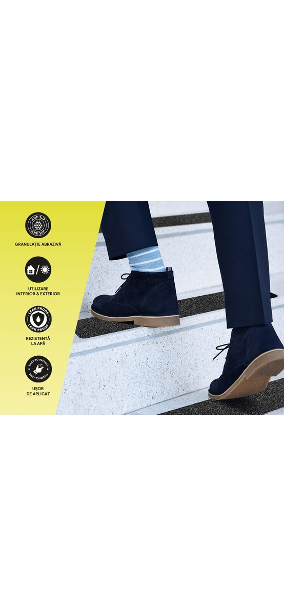 Set 6 benzi antiderapante pentru scări și podele, autoadezive cu granulație grosieră, culoare neagră, roller silicon inclus, 15x60 cm