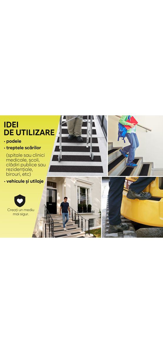 Set 6 benzi antiderapante pentru scări și podele, autoadezive cu granulație grosieră, culoare neagră, roller silicon inclus, 15x60 cm