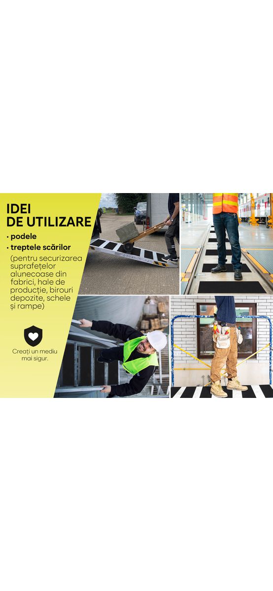 Set 6 benzi antiderapante pentru scări și podele, autoadezive cu granulație grosieră, culoare neagră, roller silicon inclus, 15x60 cm