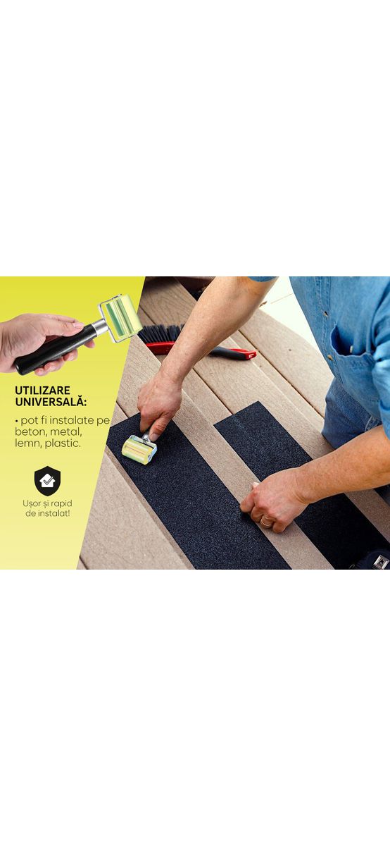 Set 6 benzi antiderapante pentru scări și podele, autoadezive cu granulație grosieră, culoare neagră, roller silicon inclus, 15x60 cm