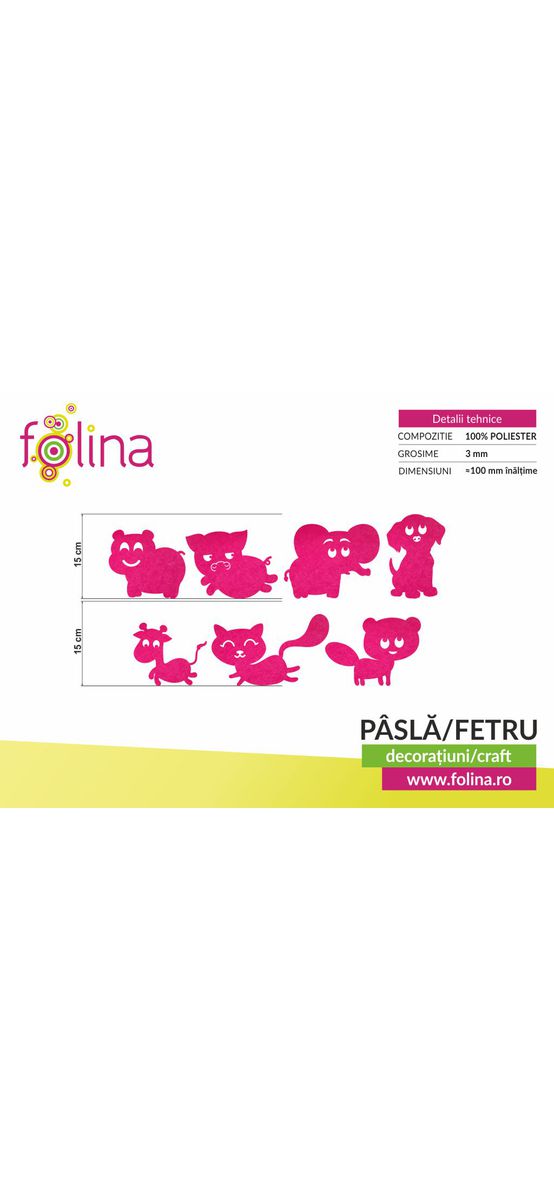 Set 7 decorațiuni creative din fetru magenta cu animale pentru activități craft, Folina, pâslă cu grosime de 3 mm, diverse culori