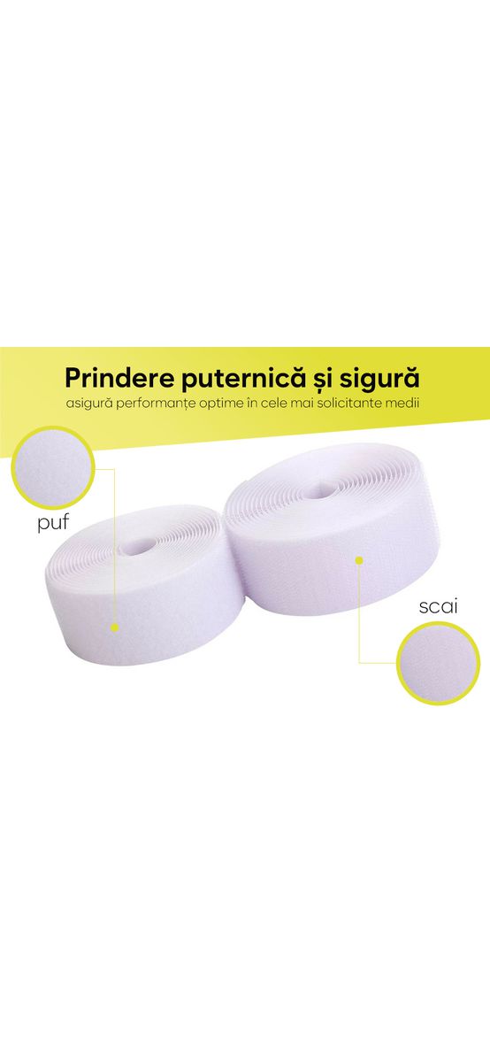 Set bandă Velcro fără adeziv, benzi Hook and Loop, set bandă cu scai și puf ideală pentru cusut, role cu lățimea de 20cm - culoare albă