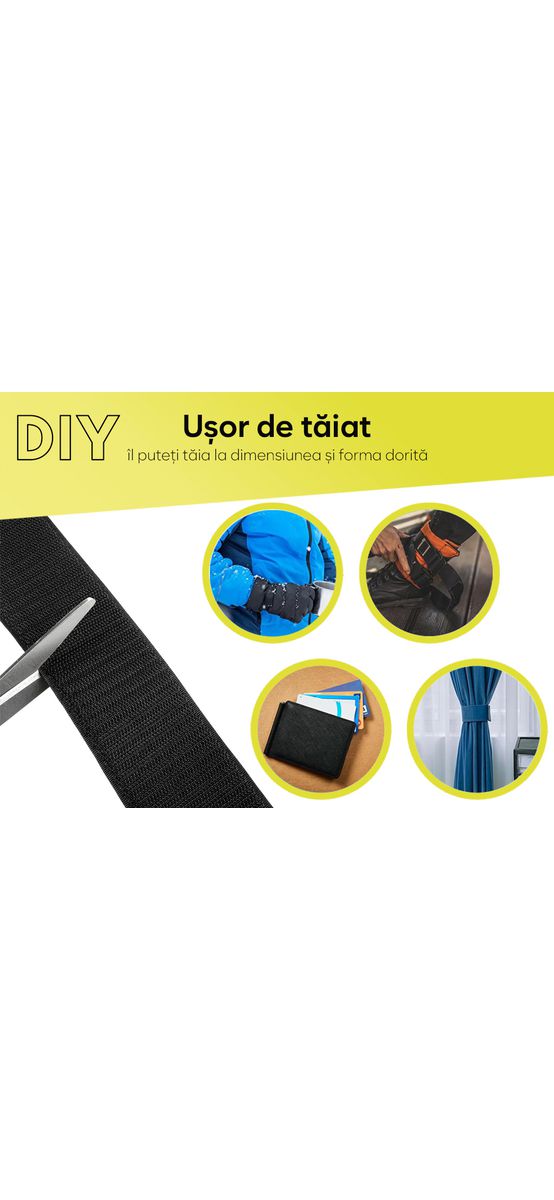 Set bandă Velcro cu adeziv, benzi Hook and Loop, arici autoadeziv, role cu lățimea de 20cm și lungimea de 100 cm - culoarea neagră