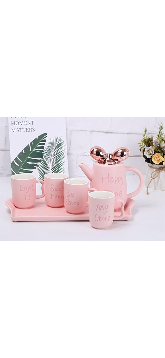 Set ceşti ceai Happy Time, Folina, din ceramică, roz - 6 piese