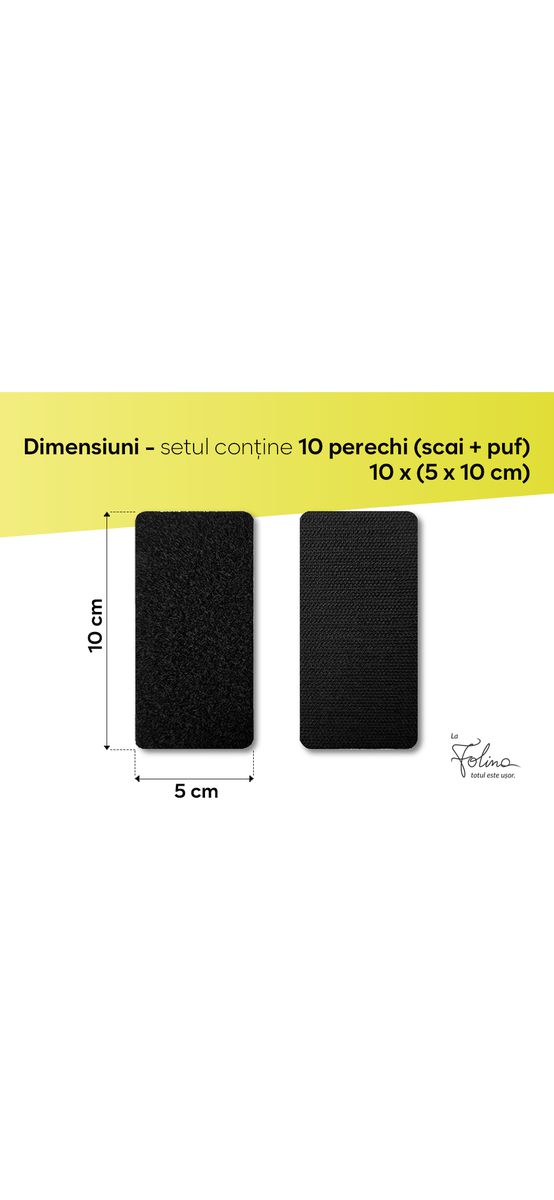 Set 10 dreptunghiuri Velcro cu adeziv, sistem Hook and Loop, arici autoadeziv, 5x10 cm - culoarea neagră