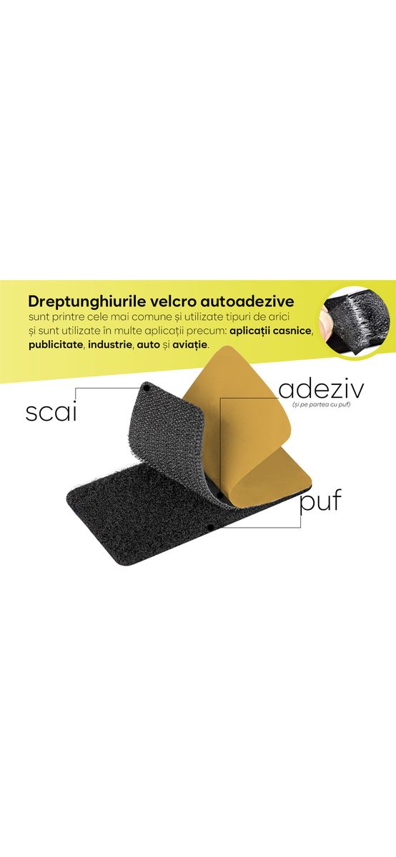 Set 10 dreptunghiuri Velcro cu adeziv, sistem Hook and Loop, arici autoadeziv, 5x10 cm - culoarea neagră