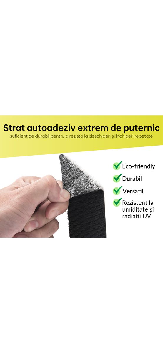 Set 10 dreptunghiuri Velcro cu adeziv, sistem Hook and Loop, arici autoadeziv, 5x10 cm - culoarea neagră