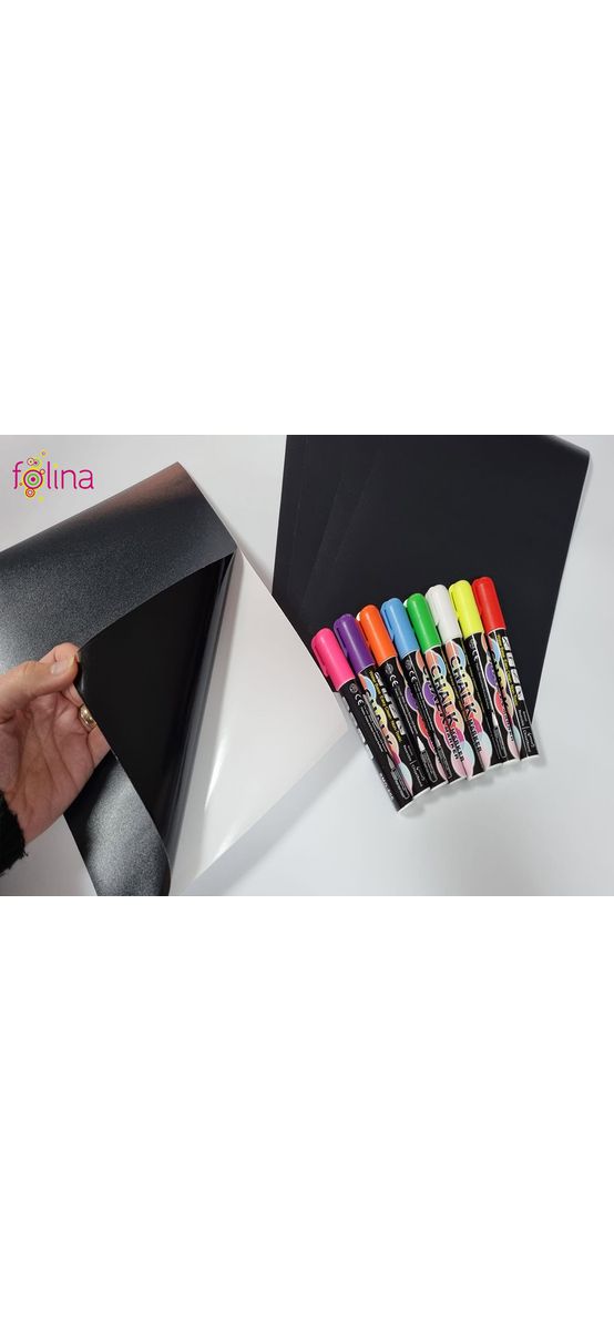 Set 5 coli A4 folie autoadezivă tip tablă de scris blackboard şi 8 markere cretă lichidă colorată