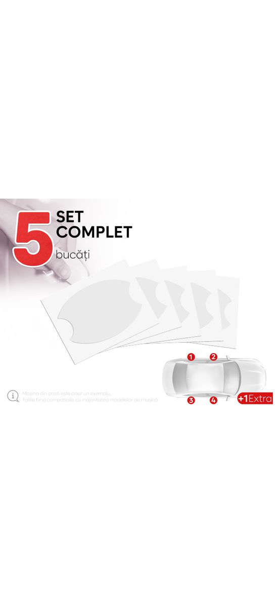 Set 5 folii de protecție (4+1 gratis) a vopselei pentru spațiul de sub mânerele ușilor auto, transparent, potrivire universală, racletă aplicare inclusă