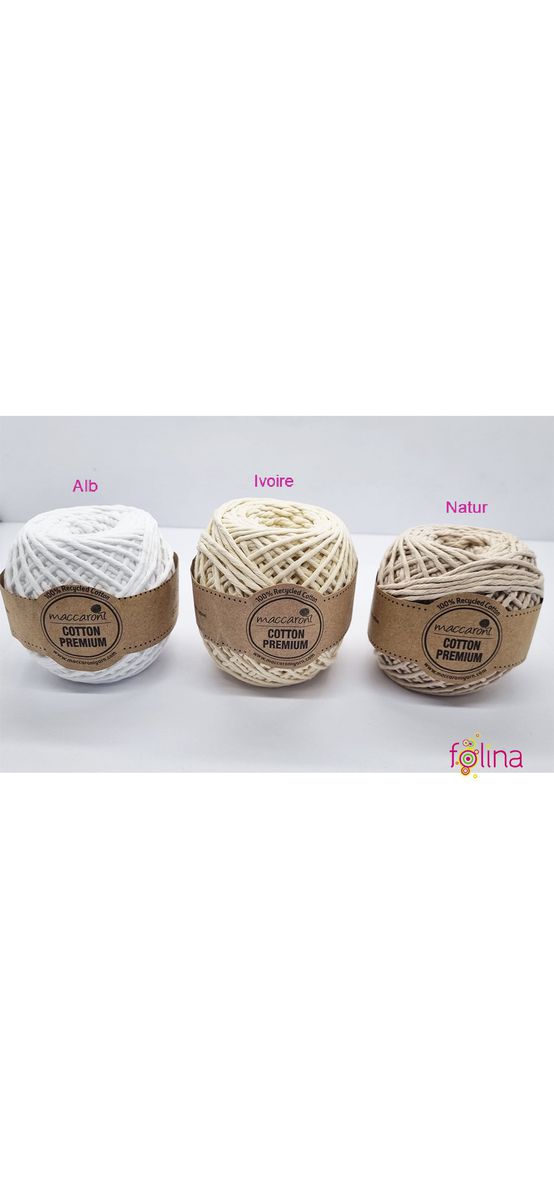 Sfoară bumbac albă, Maccaroni Cotton Premium, fir de 2mm grosime, 100gr