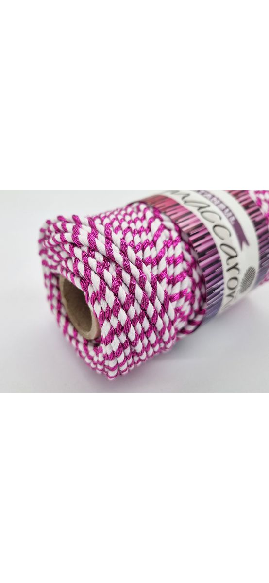 Şnur decorativ Glitter, fibre răsucite din bumbac alb şi fibre metalizate roz