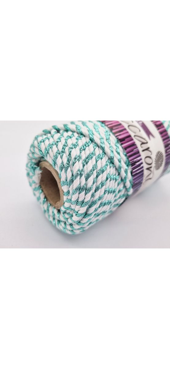 Şnur decorativ Glitter, fibre răsucite din bumbac alb şi fibre metalizate turcoaz