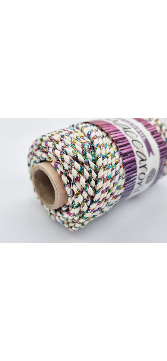 Şnur decorativ Glitter, fibre răsucite din bumbac alb şi fibre metalizate multicolor
