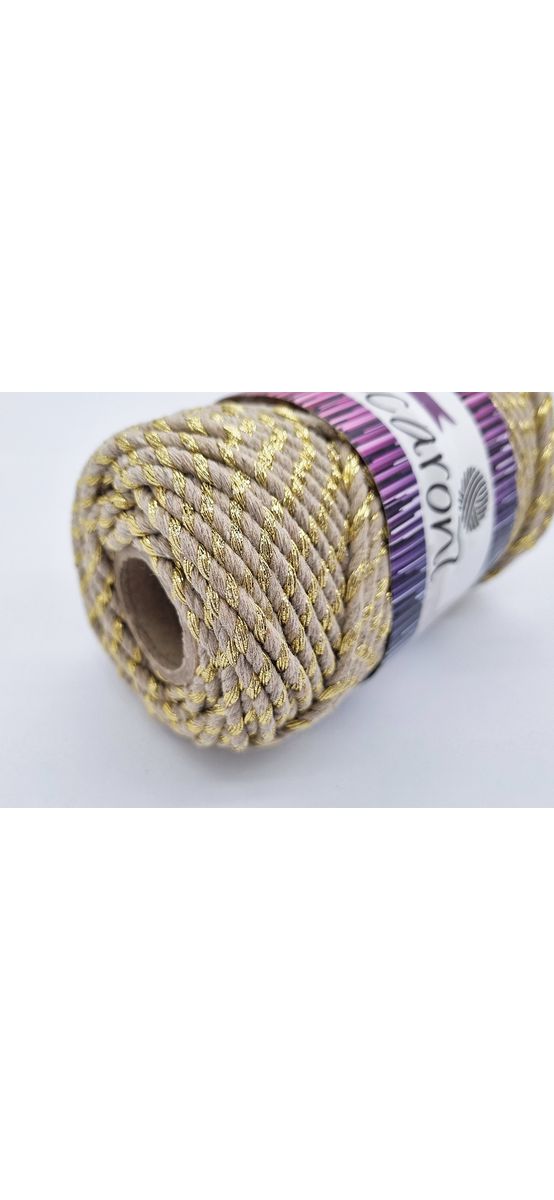 Şnur decorativ Glitter, fibre răsucite din bumbac bej şi fibre metalizate aurii