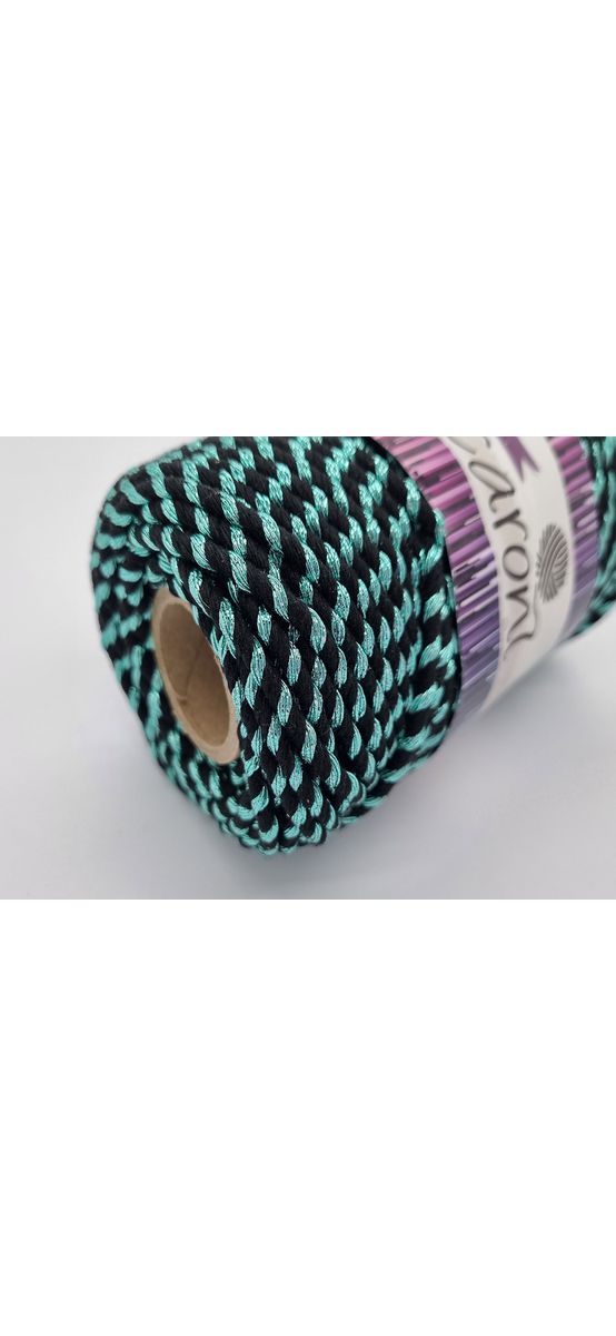Şnur decorativ Glitter, fibre răsucite din bumbac negru şi fibre metalizate turcoaz