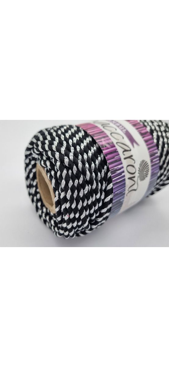Şnur decorativ Glitter, fibre răsucite din bumbac negru şi fibre metalizate argintii