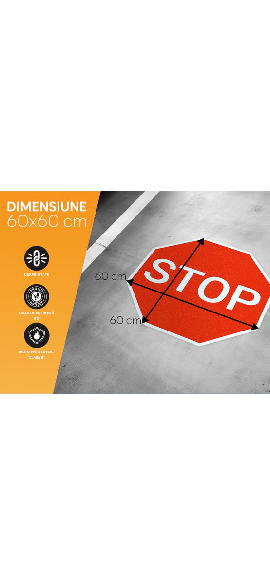 Sticker antiderapant pentru podea cu mesajul 'STOP', autoadeziv cu granulație grosieră, Folina, 60x60 cm