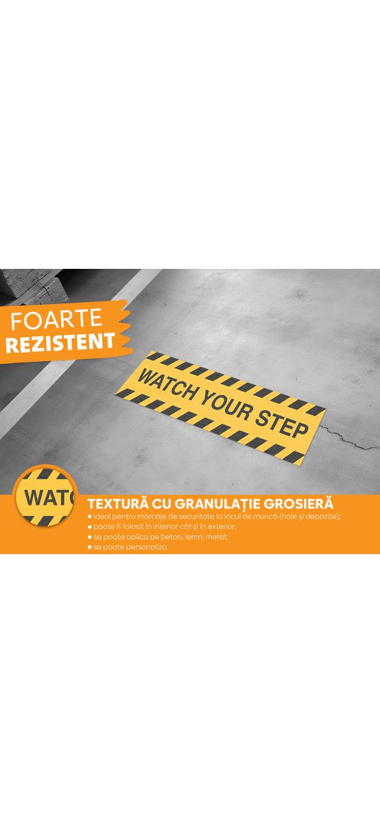 Sticker antiderapant pentru podea cu mesajul 'Watch your step', autoadeziv cu granulație grosieră, Folina, 60x16 cm, set 2 stickere