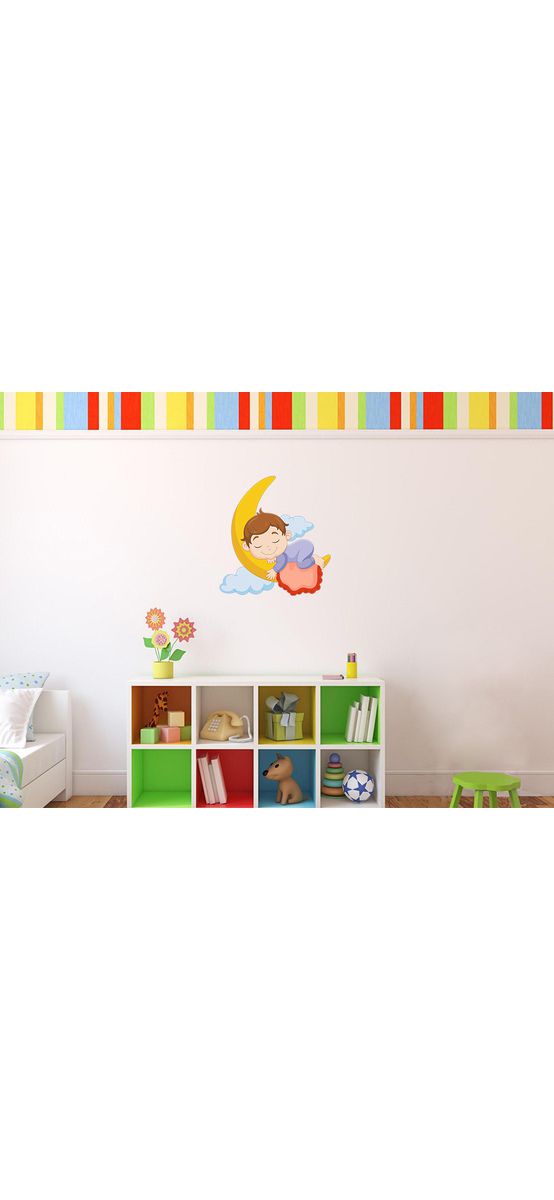 Sticker perete, băiat dormind pe lună, Folina 50 cm, racletă de aplicare inclusă.