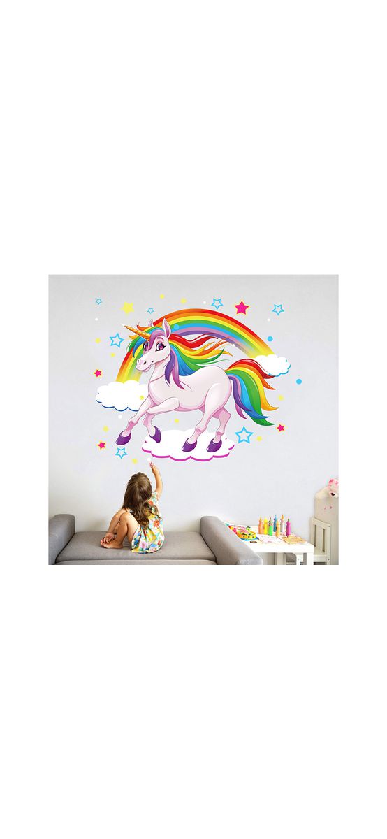 Sticker cameră fetiţă unicorn, Rainbow, decor multicolor, 40x60 cm