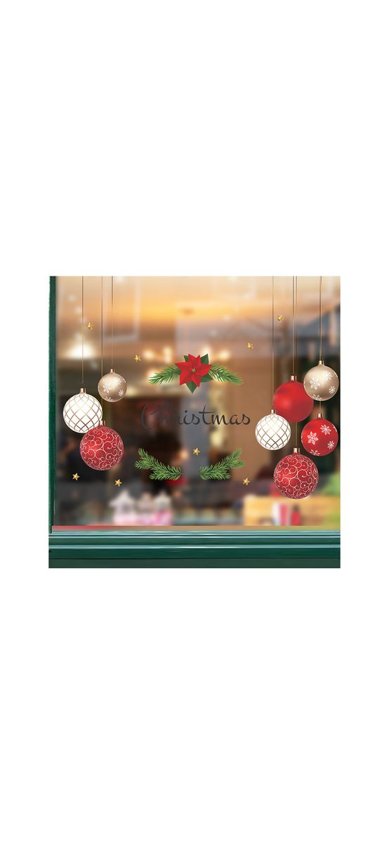 Sticker Crăciun, decor cu globuri roşii, 90x100 cm