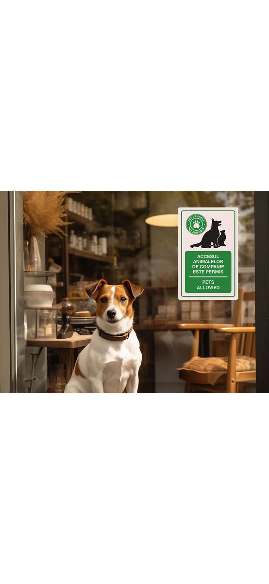 Sticker cu 'Accesul animalelor de companie este permis', autocolant, 15x23 cm