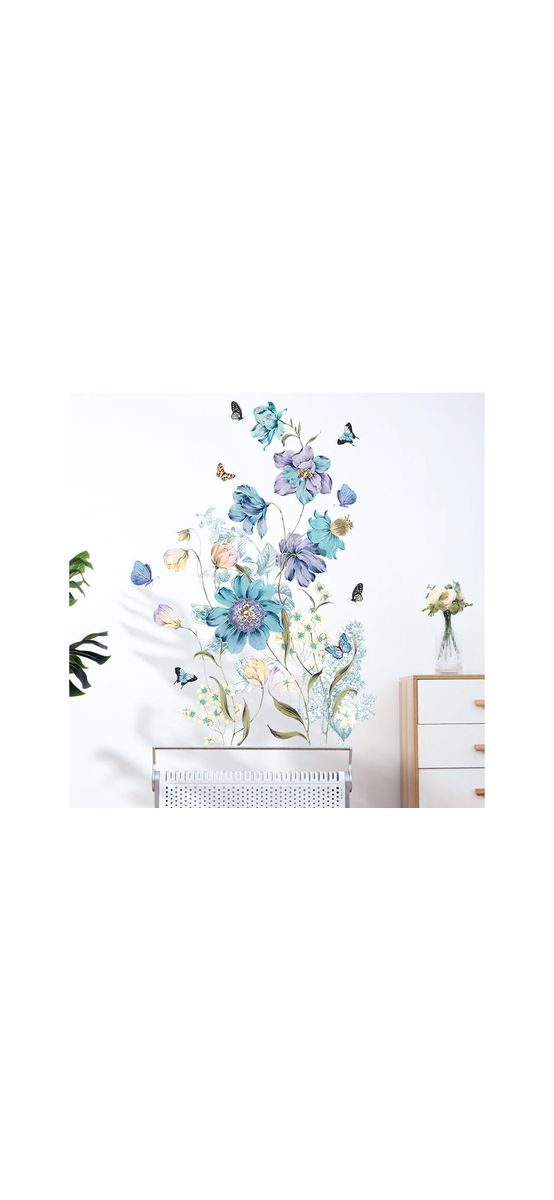 Stickere flori şi fluturi, decor albastru pentru perete şi mobilă