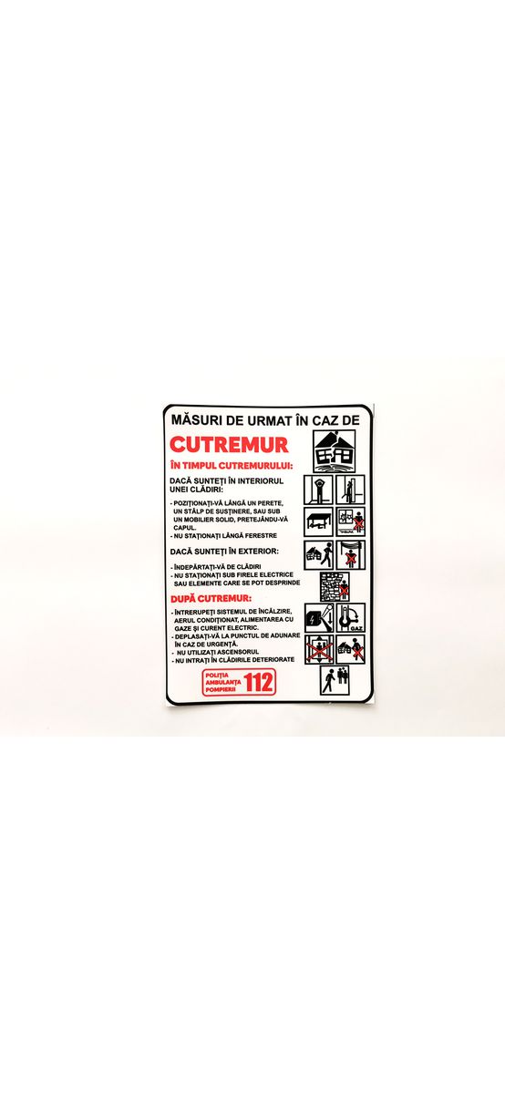 Sticker cu 'Măsuri de urmat în caz de cutremur', autocolant, format A5 - 210 x 148 mm