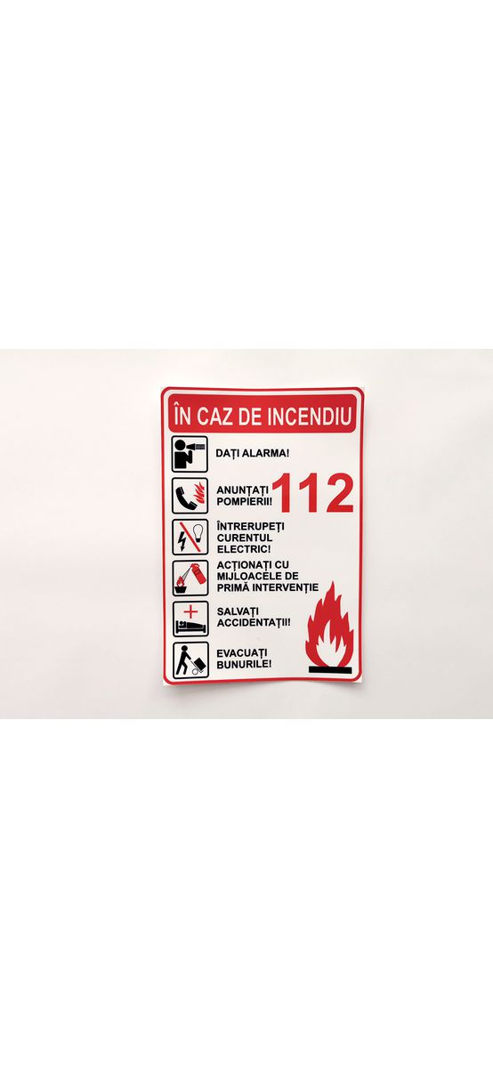 Sticker cu 'Măsuri de urmat în caz de incendiu', autocolant, 216 x 148 mm