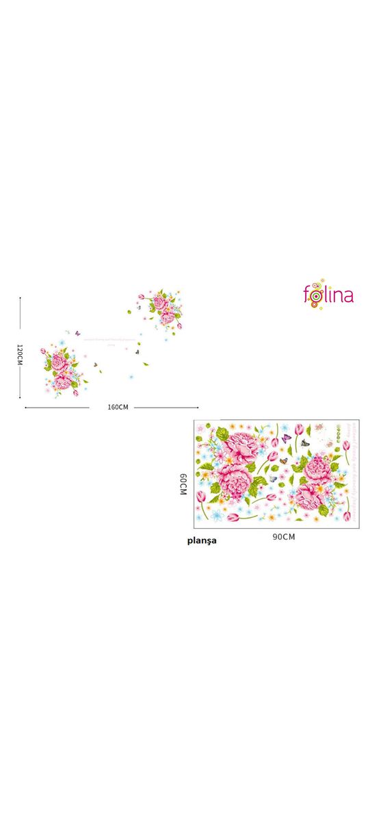 Stickere perete, Folina, decor floral cu bujori roz