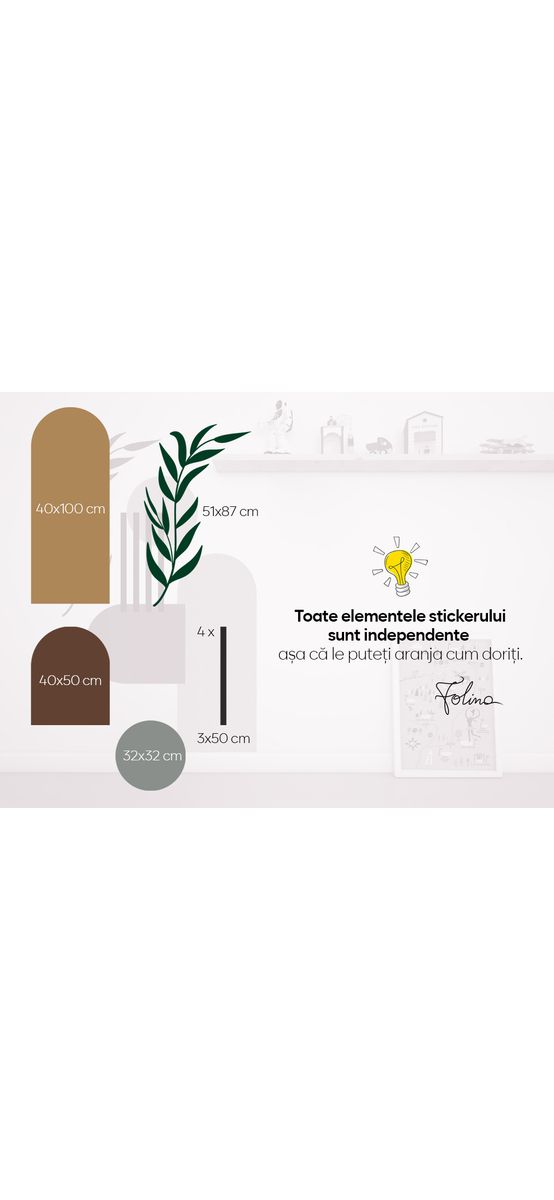 Sticker decorativ bohemian abstract, compus din 8 elemente cu aplicare independentă, Folina, racletă inclusă