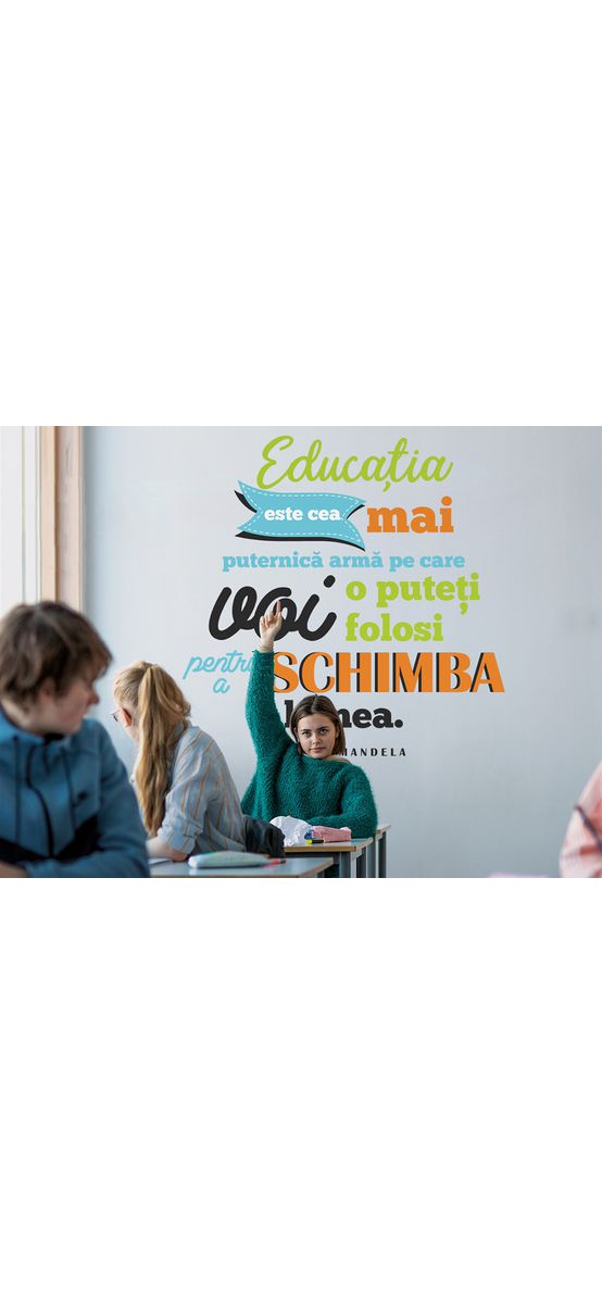 Sticker educațional citat Nelson Mandela despre educație, decorațiune pentru școli și grădinițe, multicolor, 120x120 cm, racletă de aplicare inclusă