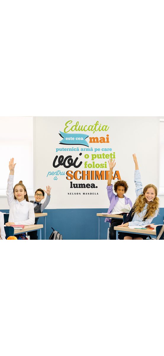 Sticker educațional citat Nelson Mandela despre educație, decorațiune pentru școli și grădinițe, multicolor, 120x120 cm, racletă de aplicare inclusă
