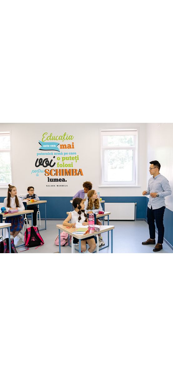 Sticker educațional citat Nelson Mandela despre educație, decorațiune pentru școli și grădinițe, multicolor, 120x120 cm, racletă de aplicare inclusă