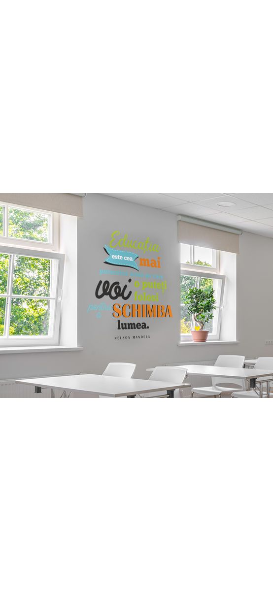 Sticker educațional citat Nelson Mandela despre educație, decorațiune pentru școli și grădinițe, multicolor, 120x120 cm, racletă de aplicare inclusă