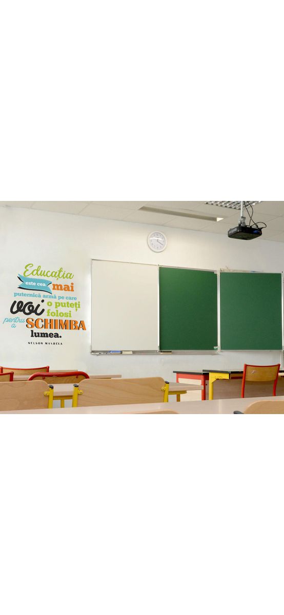 Sticker educațional citat Nelson Mandela despre educație, decorațiune pentru școli și grădinițe, multicolor, 120x120 cm, racletă de aplicare inclusă