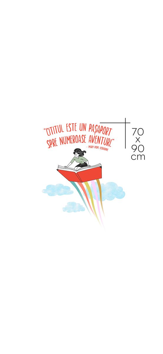 Sticker cu mesaj 'Cititul este un pașaport spre numeroase aventuri', decorațiune pentru școli și grădinițe, 90x70 cm, racletă de aplicare inclusă