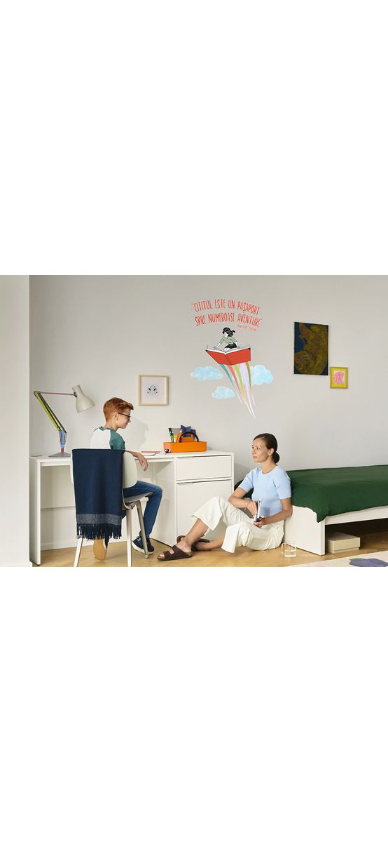 Sticker cu mesaj 'Cititul este un pașaport spre numeroase aventuri', decorațiune pentru școli și grădinițe, 90x70 cm, racletă de aplicare inclusă