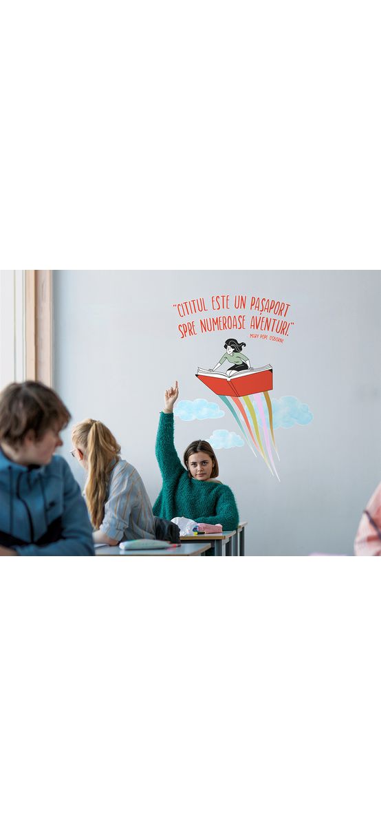 Sticker cu mesaj 'Cititul este un pașaport spre numeroase aventuri', decorațiune pentru școli și grădinițe, 90x70 cm, racletă de aplicare inclusă