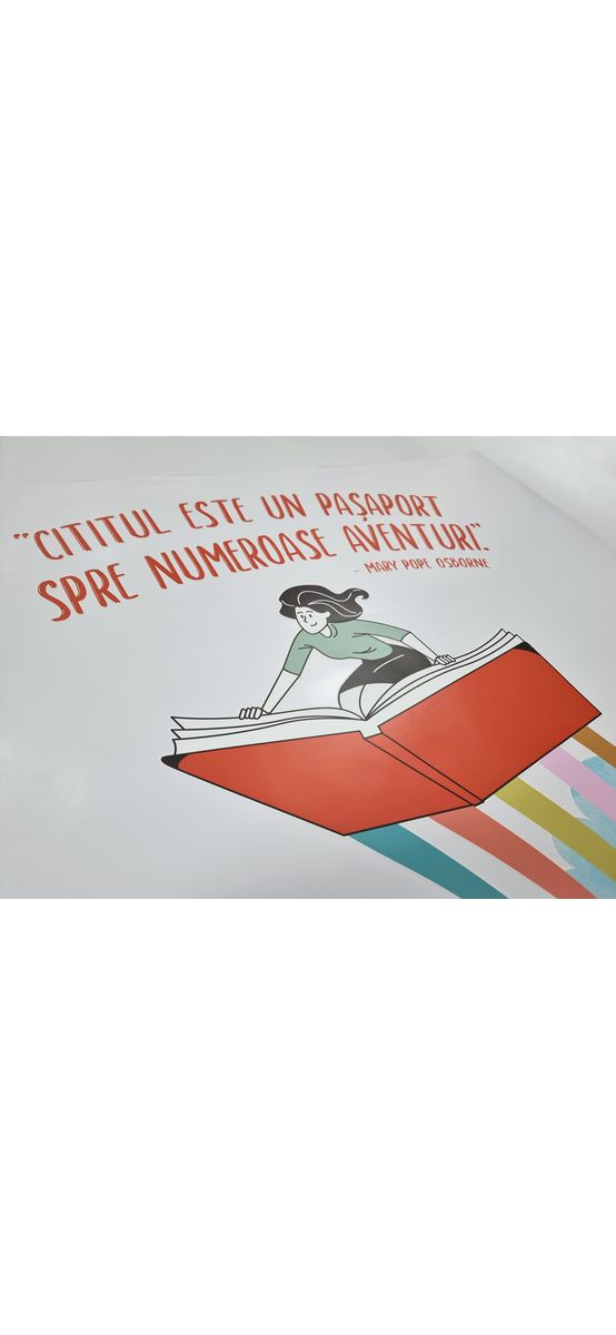 Sticker cu mesaj 'Cititul este un pașaport spre numeroase aventuri', decorațiune pentru școli și grădinițe, 90x70 cm, racletă de aplicare inclusă