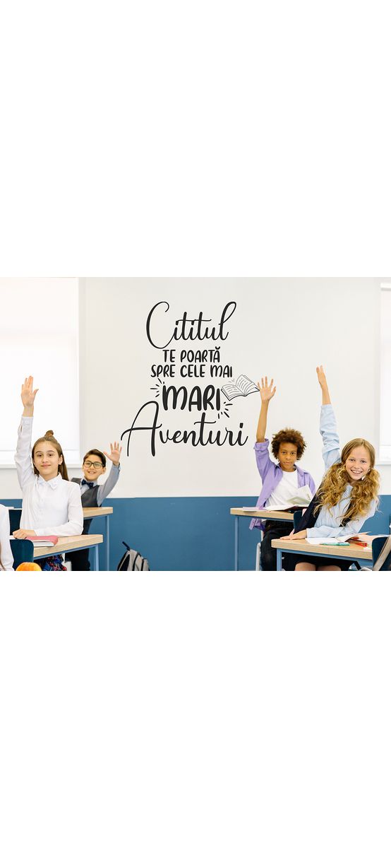 Sticker cu mesaj 'Cititul te poartă spre cele mai mari aventuri', decorațiune pentru școli și grădinițe, 99x110 cm, racletă de aplicare inclusă