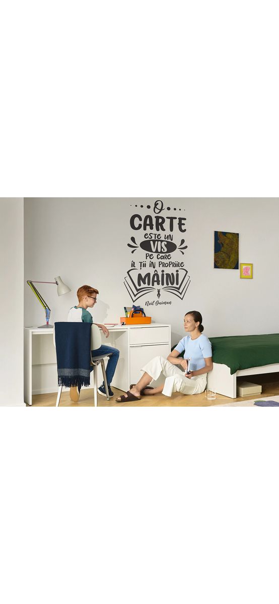 Sticker educativ citat Neil Gaiman despre carte, decorațiune pentru școli și grădinițe, 90x150 cm, racletă de aplicare inclusă