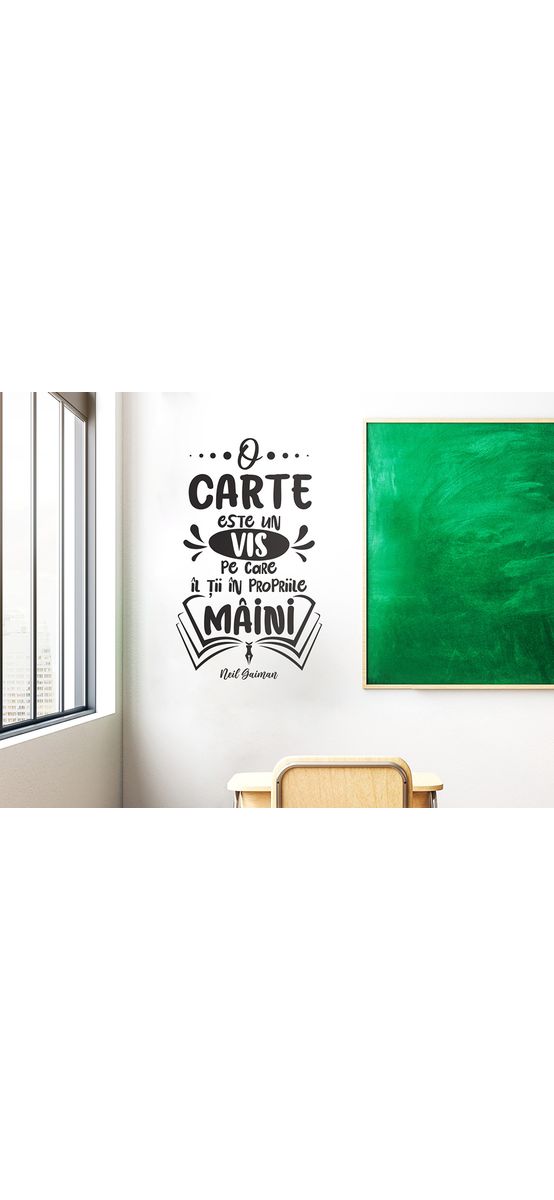 Sticker educativ citat Neil Gaiman despre carte, decorațiune pentru școli și grădinițe, 90x150 cm, racletă de aplicare inclusă