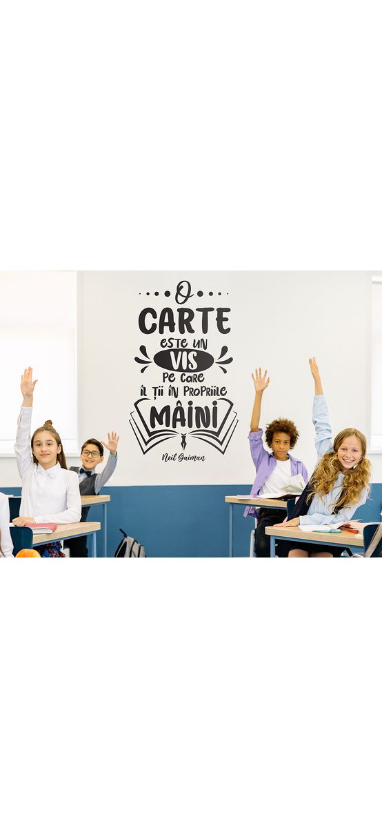Sticker educativ citat Neil Gaiman despre carte, decorațiune pentru școli și grădinițe, 90x150 cm, racletă de aplicare inclusă