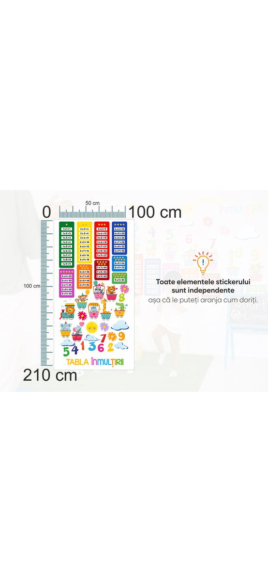 Sticker educativ cu tabla înmulțirii și personaje colorate, decorațiune pentru școli și grădinițe, 100x210 cm, racletă de aplicare inclusă